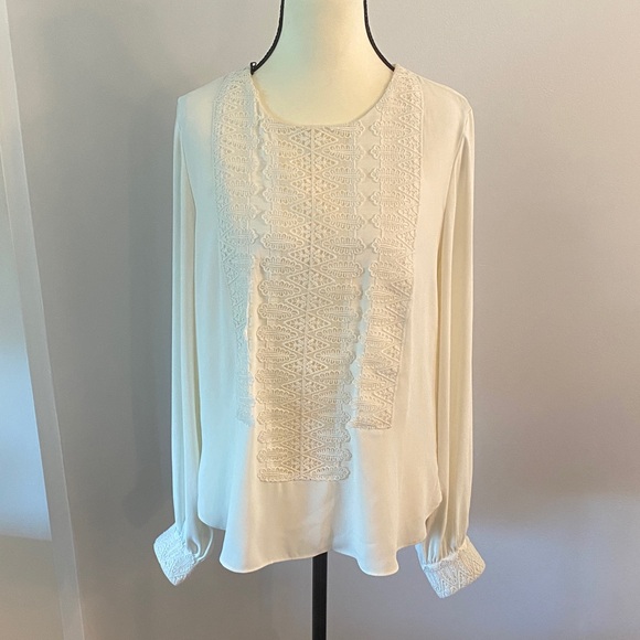 White House Black Market Tops - WHBM ivory lined embroidery front & cuffs small blouse